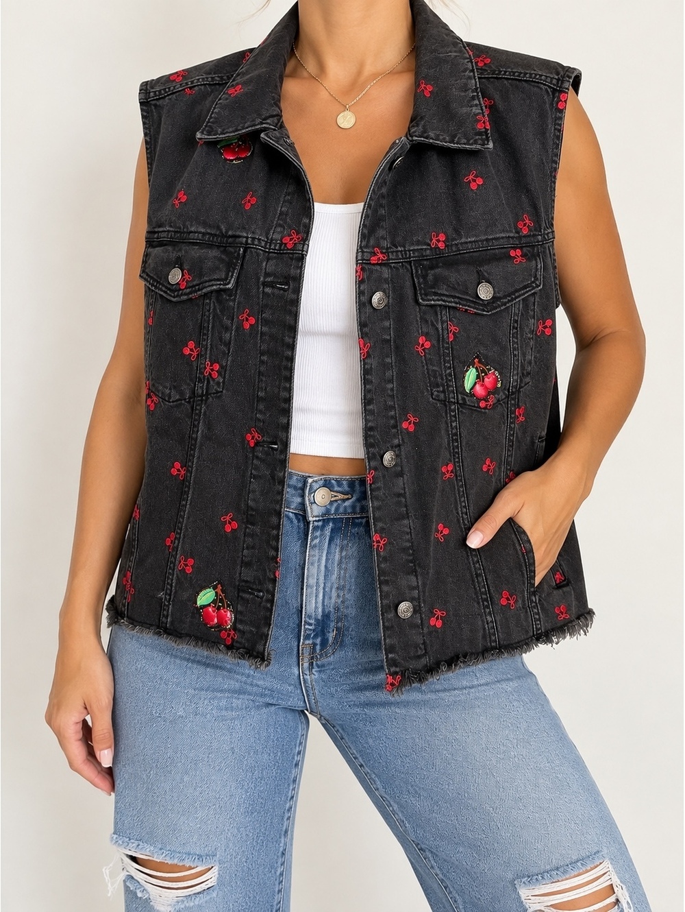 Wild Fable XXL Black Denim Vest Cherry Embroidered Distressed Raw Hem Oversized